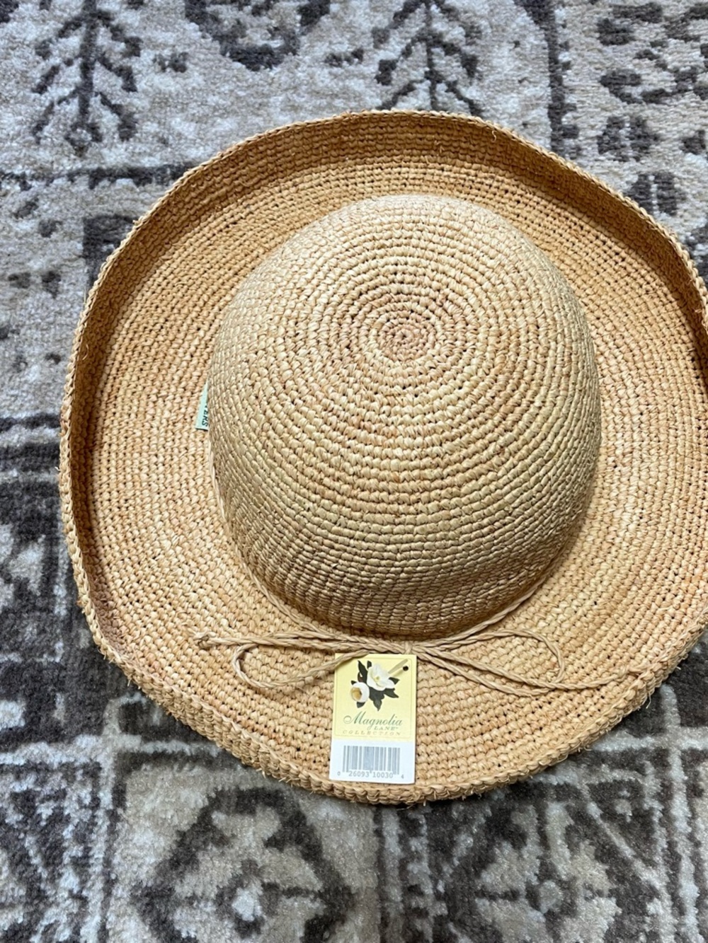 Magnolia Lane Tan Straw Hat with Olive Trim and Embroidered Floral Logo - Picture 2 of 8